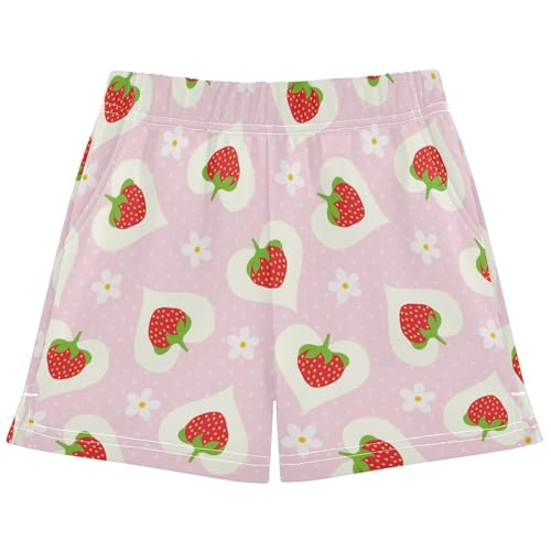 pnyoin Girl's Shorts Love Heart Strawberry Athletic Running Shorts with Pockets Size 7-8t
