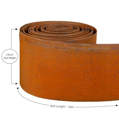 Image of Corten Steel Metal Lawn Edging 10 Metre (33ft), Roll, Pre-Rusted Metal Garden Edging 14 cm High, Easy to install Garden Edge Border, Safety Gloves Included (RUST, 10M)