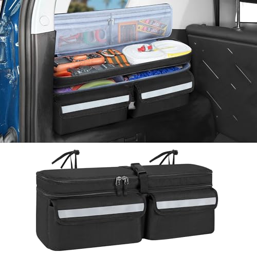 GRAOSO Car Trunk Organizer Compatible With Toyota FJ Cruiser 2007-2021, Multifunctional Car Storage Box with Lid, Double Layer Bag with 3 Wide Hook & Loop Tapes, Both Side with Straps to Fix, Black