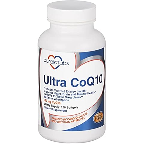 CardioTabs Ultra CoQ10 Coenzyme Supplement for Cardio Health, 150 mg of CoQ10 - Ubiquinone - Per 2 Softgels w/Safflower Oil & Tocopherols, 6X Better Absorption for Brain & Muscle Health, 120 Softgels Cover