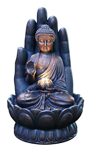 LQSSA Fontaine d'eau de Jardin extérieure Fontaine d'eau intérieure et extérieure en polyrésine avec lumières LED Fontaines de Cascades sur Pied de Bouddha de Palmier de Jardin pour la Cour de la