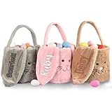 Personalized Easter Basket for Kids, Embroidered Plush Bunny Easter Egg Hunt Tote Bag with Name, Furry Critter Easter Bucket for Party Decorations, Easter Gift for Boys & Girls
