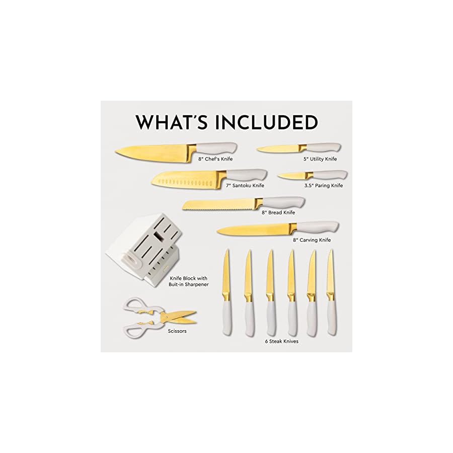 Gold Knife Set with Block Self-Sharpening – 14-Piece Titanium Coated Gold and Off-White Kitchen Knives with White Block and Built-In Sharpener – Stylish Luxury Kitchen Accessories and Decor