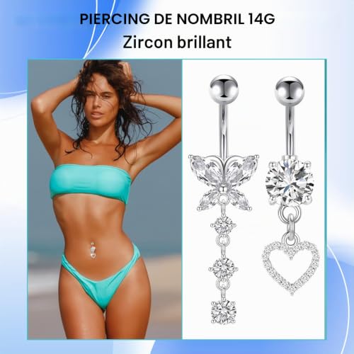 5Pcs Piercing Nombril 316L Acier Chirurgical Piercing Nombril Barres 14G CZ Perçante Ventre Anneaux Inverse Nombril Barbell Long Ventre Barres Perçante Nombril Anneau pour Femme 10mm (Argent) – vue 5