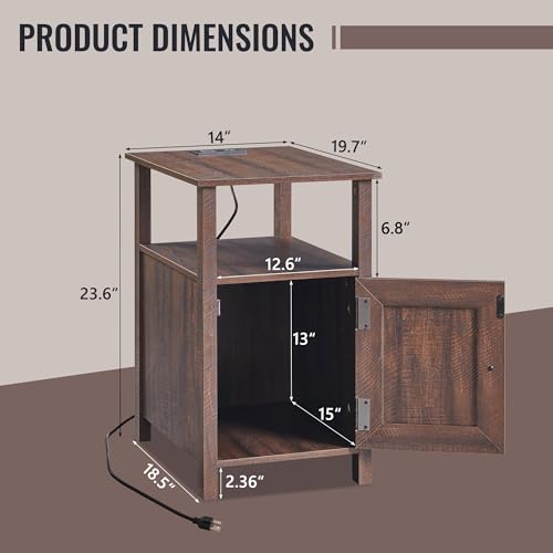 Image of IFBUY Farmhouse Nightstands Set of 2, Narrow Bedside Table with Charging Station, Night Stand Set 2 with Storage & Open Shelf, End Tables w /Groove Barn Door for Bedroom, Living Room-Brown