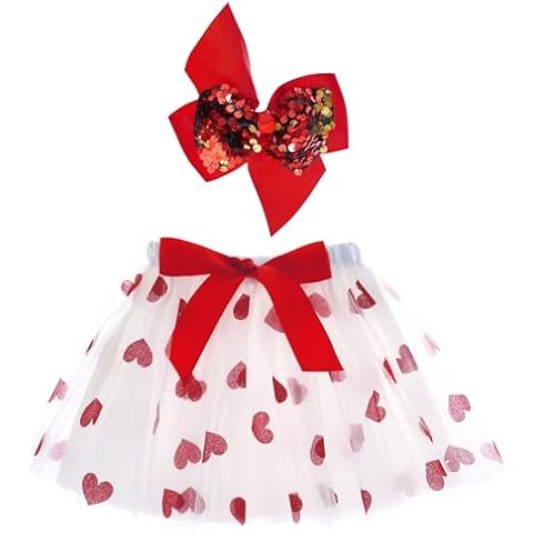 Haakong Girls Tulle Tutu Skirt with Sequin Bow Hair Clip Red Heart Layered Tutu Skirt for Valentine’s Day Birthday Holiday Party Pink Cover