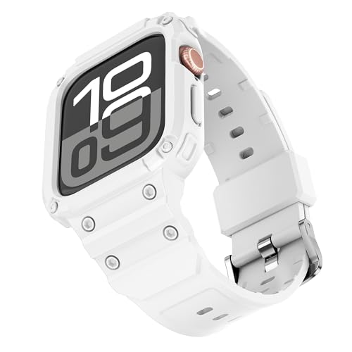 VeveXiao Band with Bumper Case Compatible with Apple Watch Band 46mm Series 10 with Case, Shockproof Protective Cover Rugged Band Strap for iWatch Series 10 46mm Strap (White 1, S10 46MM)