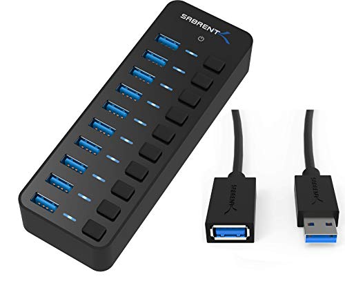 10 Port 60W USB 3.0 Hub with Individual Power Switches and LEDs Includes 60W 12V/5A Power Adapter+USB 3.0 Extension Cable A Male to A Female [Black] 3 Feet