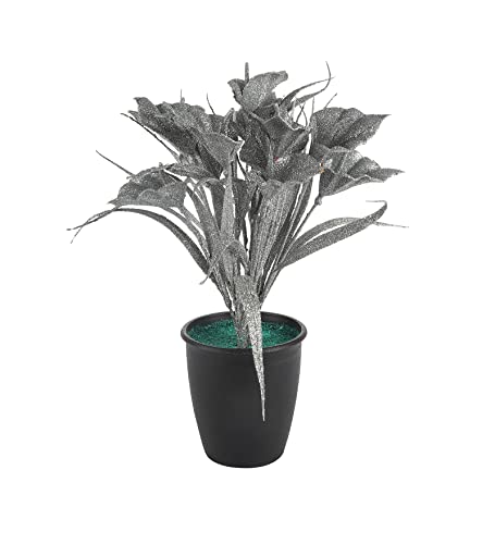 Image of Foliyaj Artificial Silver Artificial Tulip Plant in Black Pot for Interior Decor | Faux Plant for Desks, Shelves and Side Tables for Your Home and Office | Fake Plants for Indoor Decoration