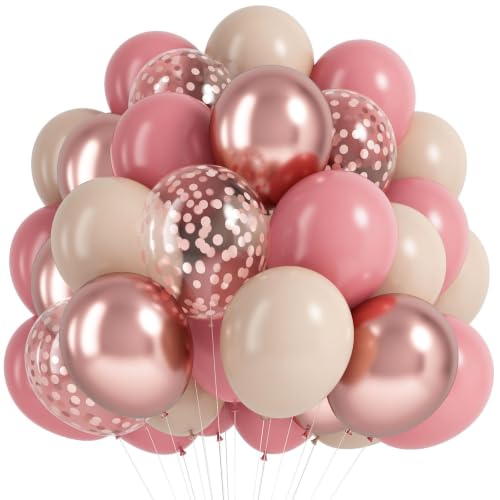 QIFU Ballon Rose Gold, 12 Pouces Ballons Rose Beiges Ballon Pink Confetti Pour Birthday Mariage Decoration Anniversaire Fête De Fiançailles Bapteme Baby...