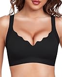 Quttlzze Scalloped Lift Bras for Women No Underwire Buttery Soft Push Up Wireless Bras V Neck Seamless Bralettes Black,XXL