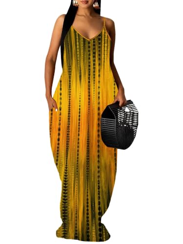 Image of Women's Summer Maxi Dress Spaghetti Strap Floral Boho Beach Long Sundress with Pockets
