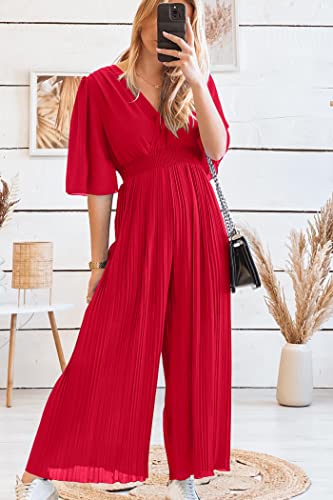 Prettygarden Women's Jumpsuits Casual Wrap V Neck Ruffle Sleeve Wide Leg Flowy Romper One Piece Summer Outfits (Red,Large) #TOP4