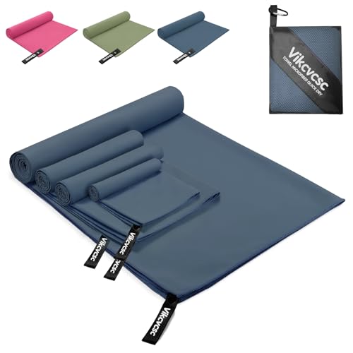 Vikcvcsc Asciugamani Microfibra Set di 4 Asciugamani Palestra,Telo Mare Microfibra Ultraleggero e Compatto,Asciugamano in Microfibra da Viaggio Sport Spiaggia(Blu Marino,160x80cm+2pcs 80x40cm+40x30cm)