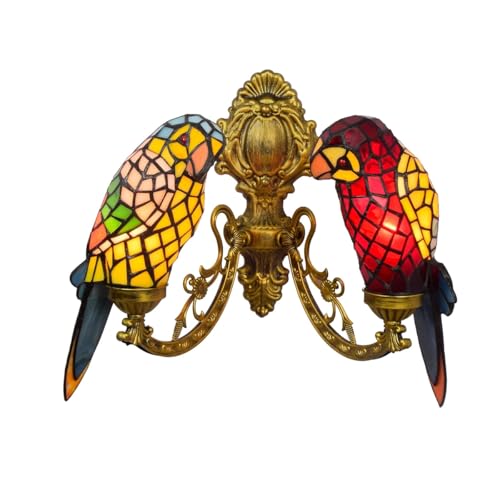 MANHONG 2 Heads Tiffany Parrot Wall Lights, Stained Glass Wall Mount Sconce Vintage Decorative Bedside Lamps for Bedroom Living Room Corridor Stairways