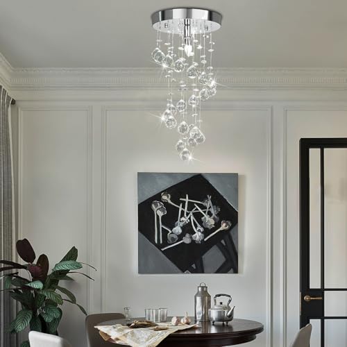 Modern Crystal Chandelier Elegant Spiral Flush Mount Chandelier Modern Raindrop Crystal Ball Chandeliers Fixture Pendant Ceiling Lamp Lighting Fixtures for Bedroom Hallway Living Room D8"x H15.8"