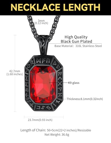 Image of ChainsHouse Viking Rune Pendant Necklace for Men Women, Punk Biker Black Metal /316L Stainless Steel Onyx Norse Vintage Amulet Necklaces with Black /Red /Green /Blue Gemstone, Send Gift Box