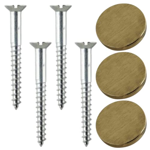 Mirror Screw 38mm & Brushed Brass Flat Screw Caps 19 mm Mirror Screws with Decorative Cap Covers Mirror Screws Fitting Set for Mirror Tables Bath Plates Wardrobes Glass Signs Pack of 4