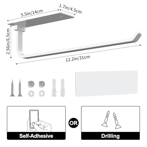 Paper Towel Holder - Self-Adhesive or Drilling, White, Upgraded Aluminum Kitchen Roll Dispenser Under Cabinet, Lighter but Stronger Than Stainless Steel!