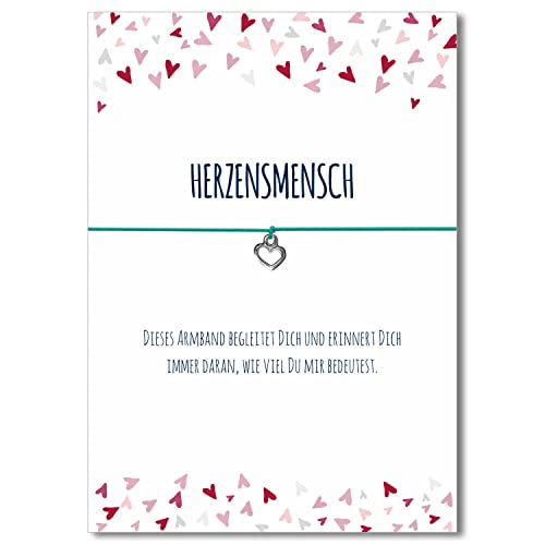 Preisvergleich Produktbild Glücksschmiedin - Liebeserklärung Armband mit Herz Anhänger versilbert und liebevoller Karte -Herzensmensch- elastisches Textilband in türkis größenverstellbar, Postkarte mit Glücksbringer