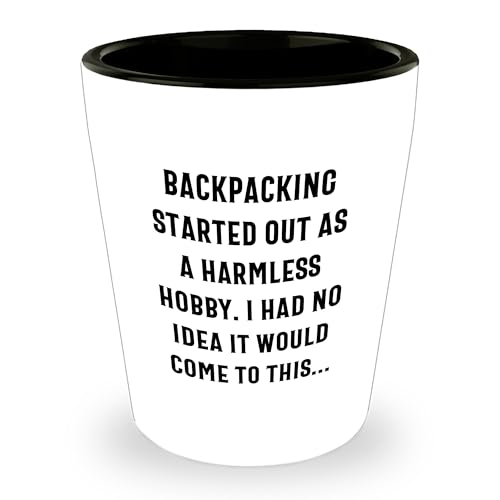 Backpacking Starter Kit, Funny Shot Glass, Christmas Unique Gift Ideas for Backpackers, Backpacking Accessories, White Ceramic Shot Glass, 1.5oz Capacity, Microwave and Dishwasher Safe