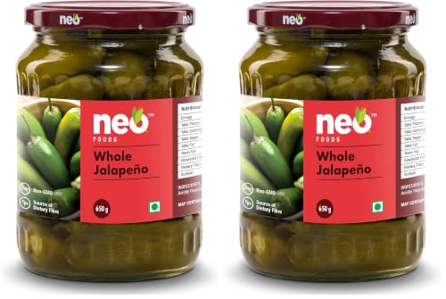 Image of Neo Whole Jalapenos 650g I 100% Plant Based & Natural I Ready to Eat Fibre Rich Topping for Snacks and Salads I Enjoy as filling for Wraps I (Pack of 2)