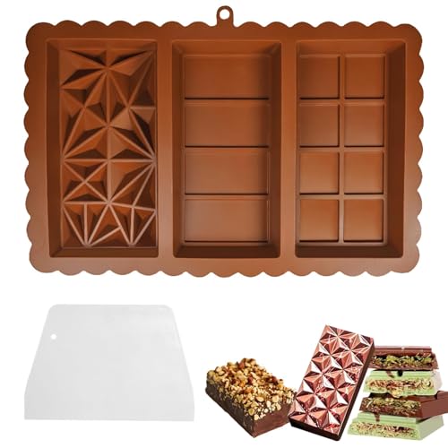 2 PCS Chocolate Moulds Silicone, Chocolate Bar Moulds Silicone, 3 in 1 Chocolate Mold mit Verschiedene Formen, Easy to Release Thick Chocolates Mold Kit for DIY Baking Candy Maker