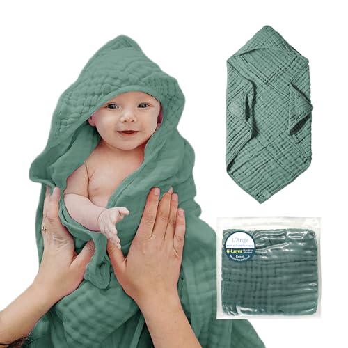Image of L'Ange Muslin Hooded Baby Towel - Infant Bath Towel with Hood for Newborn Babies Boy or Girl - 100% Cotton - Pack of 1 - Ready to Use Medical Grade Packaging - 6 Layers - Green - 31.5x31.5 in