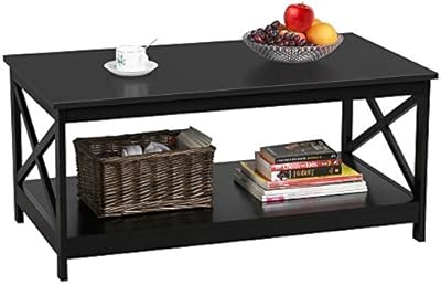 Yaheetech Wood 2-Tier Black Coffee Table with Storage Shelf for Living Room, X Design Accent Cocktail Table, Easy Assembly Home Furniture, 39.5 x 21.5 x 18 Inches