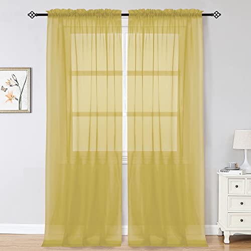 Image of OWENIE Gold Sheer Curtains 96 Inch Length 2 Panels Set, Elegant Sheer Curtains for Bedroom, Window Voile Sheer Curtain Panels /Drapes /Treatment for Living Room, 2Pcs, Total 84 inch Wide