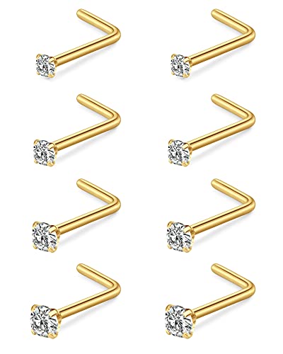 MODRSA Silver Gold Nose Studs Nostril Piercings Threadless Push in Nose Rings Stud L Shaped Surgical Steel Hypoallergenic Flat Back Helix Earrings Screw Studs Crokscrew Nostril Jewelry for Women Men