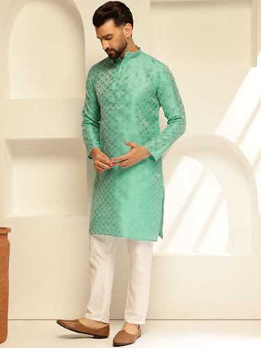 Image of SOJANYA (Since 1958 Men's Jacquard Silk Woven Motifs Kurta With White Pyjama