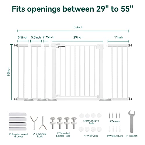 Mom's Choice Award Winner-Babelio 29-55 Inch Extra Wide Baby Gate, Metal Dog Gate, Pressure Mounted Pet Gate For Stairs & Doorways, No Tools Needed No Drilling, With Y Threaded Spindle Rods, White #TOP6