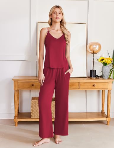 Image of Ekouaer Womens Y2K Cami Pajama Set with Flare Pants, 2 Piece Lace Trim Sleepwear Spaghetti Strap Pjs Set XS-2XL