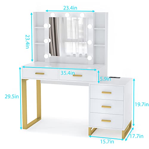 Pakasept Vanity Makeup Desk With Lights And Charging Station, Dressing Table Vanity Desk With Mirror And Lights,Storage Shelves, Drawers For Bedroom,White #TOP5