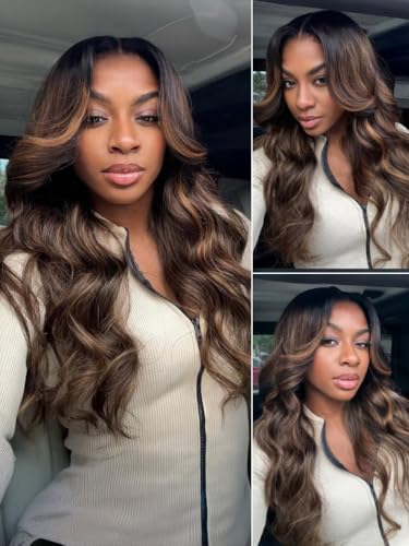 Image of Sunber Balayage Brown Body Wave Wig Human Hair 180% Density Highlight 13x4 HD Lace Front Glueless Wig Pre Cut Lace Pre Plucked Bleached Knots Invisi Drawstring Wear and Go Loose Wave Wigs 20inch