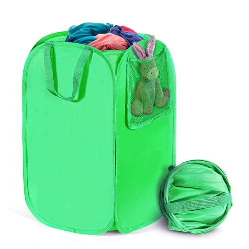 Image of HOUSE AGAIN Upgraded Polyester Pop Up Laundry Hamper, Collapsible Laundry Baskets with Durable Handles Solid Bottom High Steel Frame and Side Pocket, Easy Open & Save space,Perfect for Storage(Green)