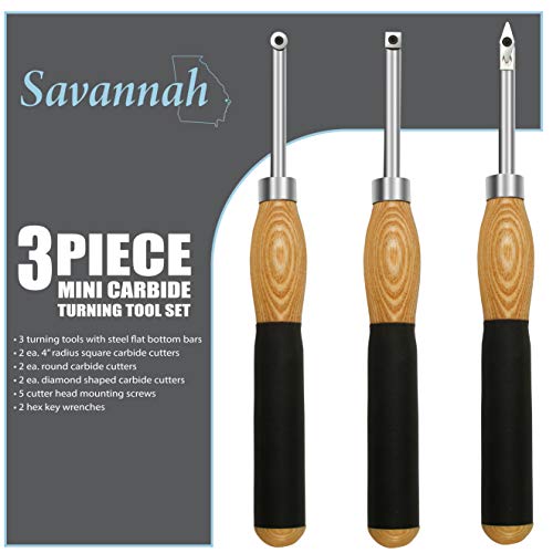 Savannah 3 Piece Carbide Mini Turning Tool Set With Flush Fit Comfort Grip Hardwood Handles | Steel Riveted Ferrules And 2 Ea Round 2 Ea 4 Inch Radius Square And 2 Ea Diamond Shaped Carbide Cutters #TOP6