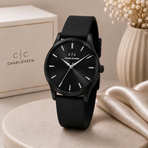 Image of CHARLIEKEEN Analog Watch with Black Dial and Silicone Strap | Minimalist Dial, Gift Box Included, Index Hour Markers, Analogue Display, Unisex Design
