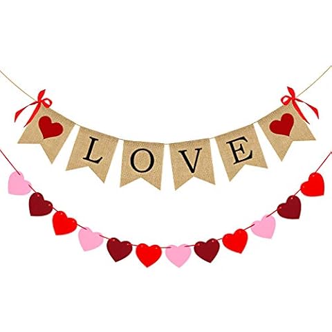 2 Pack Love Burlap Heart Felt Banner for Valentines Day Decorations-| No DIY | Valentines Day Decor | Valentine's Day Mantle Decor | Heart Garland for Valentines Day Decorations Cover