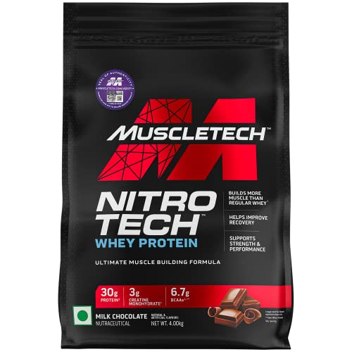 Image of MuscleTech Nitro-Tech Whey Protein, 4kg, Milk Chocolate, 30g Protein, 3g creatine monohydrate, 6.7g BCAA, ultimate muscle building formula, increase strength & performance