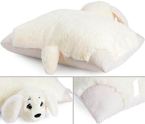 BRUBAKER Kuscheltier-Kissen Hund - 2 in 1 Plüschtier und Kuschelkissen - 40 x 30 cm Kuschelhund - aufklappbares Kinder Plüschkissen mit Klettverschluss - Tierkissen Hundekissen Stofftier - Weiß