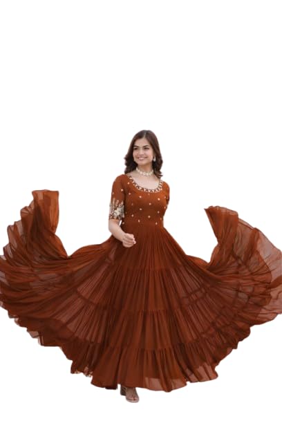 Brown Georgette Anarkali Gown with Mirror Work, Tiered Flared Dress, Ethnic-image-23