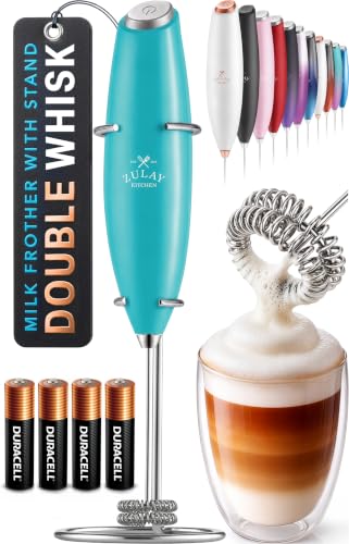 Image of Zulay Kitchen Powerful Milk Frother Wand With Duracell Batteries - Ultra Fast Handheld Drink Mixer - Electric Whisk Foam Maker for Coffee, Lattes, Cappuccino & Matcha - Double Whisk - Caribbean Aqua