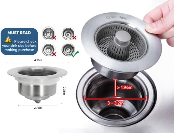Miniatura 5 de ILoveFidget Colador de drenaje para fregadero de cocina de acero inoxidable 3 en 1, filtro de drenaje, filtro de olor, tapón, resistente al óxido y