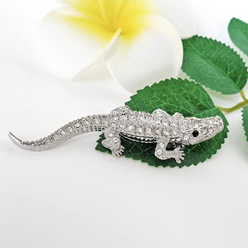 Image of Navachi 18k White Gold Plated White Crystal Crocodile Alligator Az7262 Brooch Pin