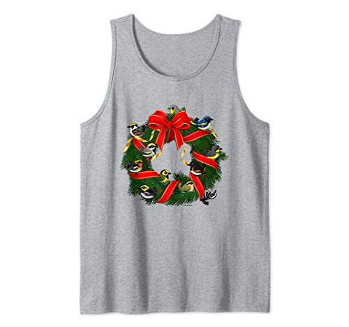 Cute Cartoon Warblers Birds on Holiday Christmas Wreath Gift Tank Top