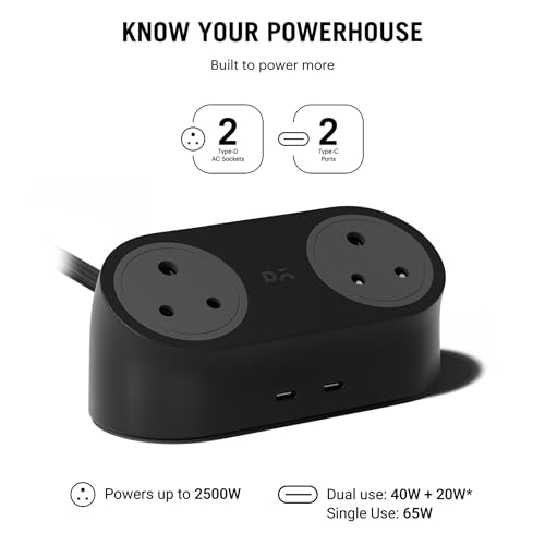 Image of DailyObjects Loft Charging Station - 2 Type-C Ports - 65W, 2 Type-D Ports - 2500W, 5ft Long Cable, Compatible with All Devices, Supports Laptop Charging for Office, Home Appliances, GaN5 - Black