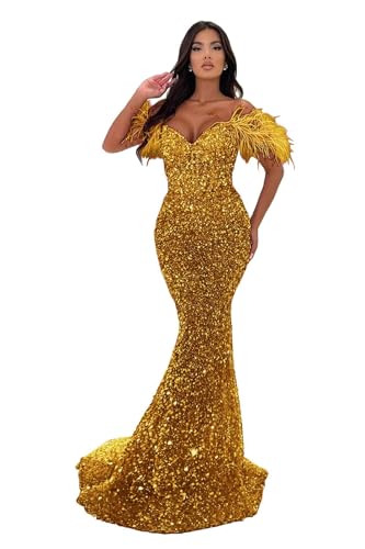 Image of Sequin Feathers Mermaid Prom Dresses 2026 Off Shoulder Sparkly Long Formal Evening Party Gowns with Train