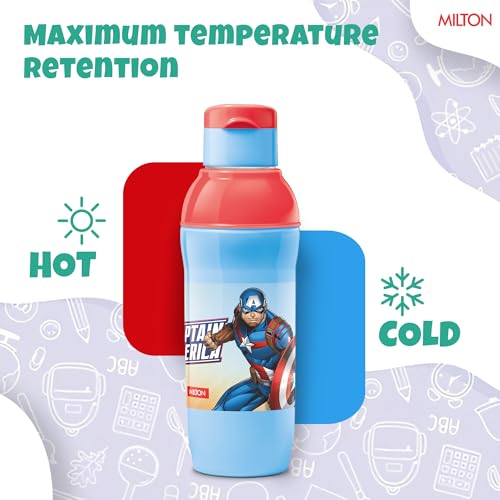 Image of Milton Marvel Steel Slim 600 Insulated Inner Steel Water Bottle for School Kids,Leak Proof FlipTop Lid,Easy to Carry Loop,Insulated Thermo Sipper Bottle for Kids,490 ml,Sky Blue(Captain America print)